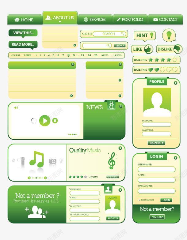 绿色网页模块图标png_新图网 https://ixintu.com app ui设计 主题对话框 导航条 导航菜单 彩色标签 按钮标签 播放器 标签设计元素 漂亮的网页模板 界面设计 登录入口 精美网页主题元素 网站 网站模板 网页图标 网页模块 进度条