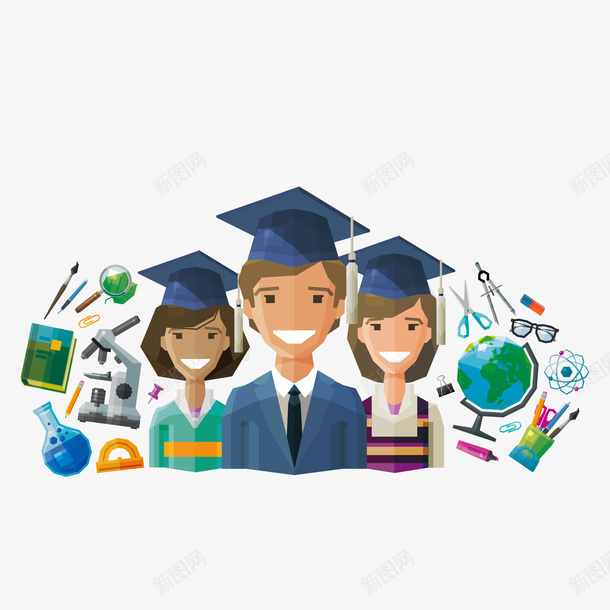 戴博士帽的男女学生图png免抠素材_新图网 https://ixintu.com 博士帽 地球仪 学习工具 学生 开心的 微笑的 简图