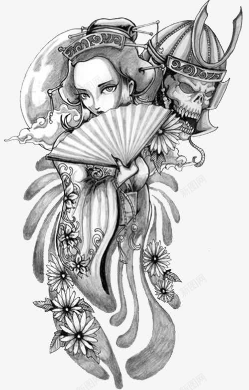 古风美女图png免抠素材_新图网 https://ixintu.com 创意 纹身 臂贴 装饰 黑白