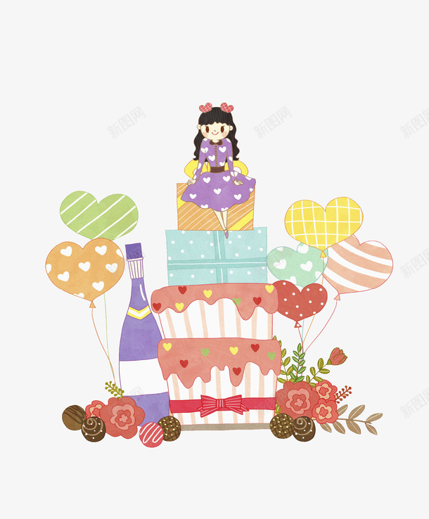 卡通蛋糕上的女孩图png免抠素材_新图网 https://ixintu.com 创意的 巨大的 插图 气球 生日蛋糕 花朵 酒瓶