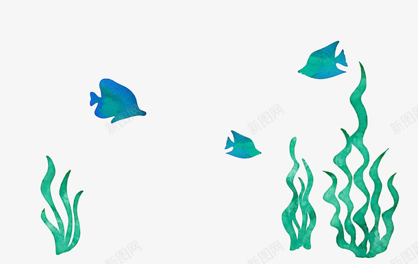 绿色海草小鱼png免抠素材_新图网 https://ixintu.com 卡通小鱼 水彩绘海草 海草 海葵图片 绿色小鱼 绿色海草 背景装饰