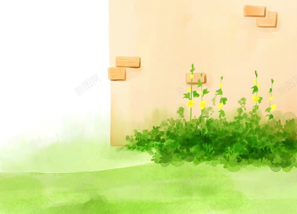 花园墙角草地黄花psd免抠素材_新图网 https://ixintu.com 水彩背景 红砖墙 花园一角 青草地