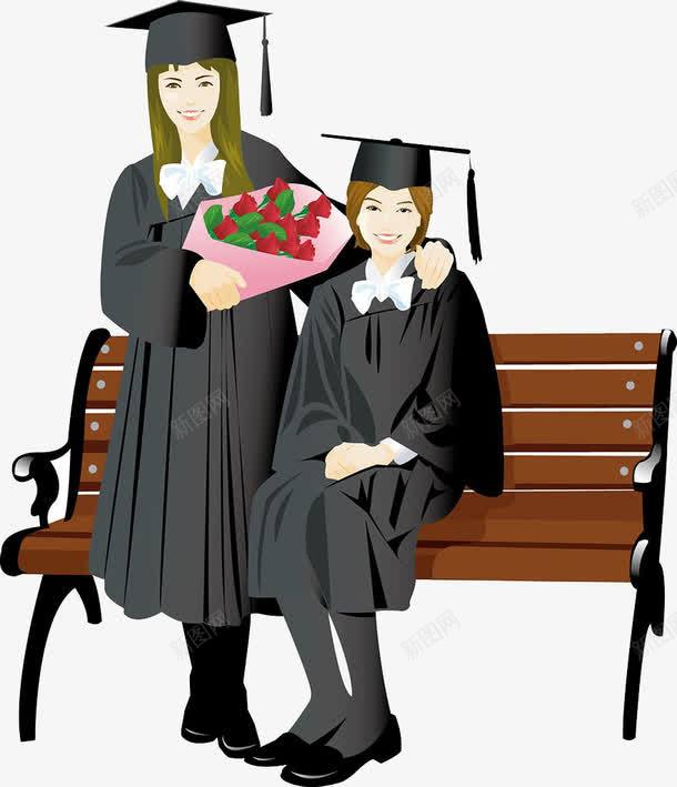 两个毕业生插画png免抠素材_新图网 https://ixintu.com 凳子 卡通毕业生 大学生 学位 学士学位 学士帽 学士服 恭喜毕业 朋友 毕业 花 花束