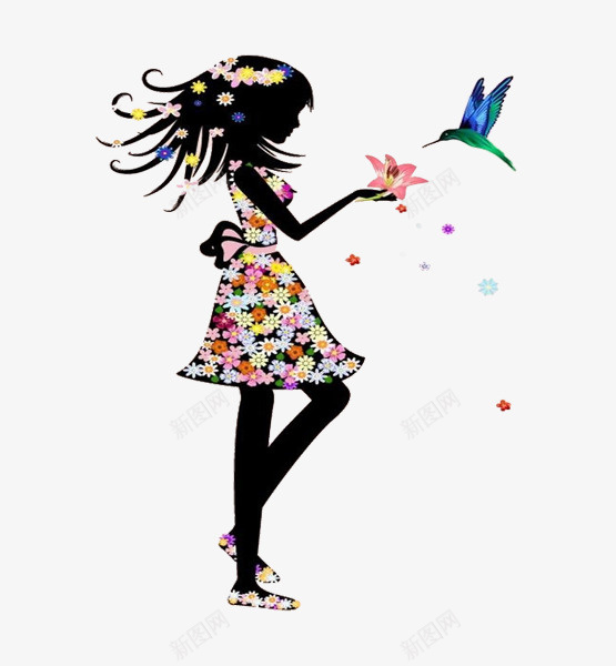 花裙子女孩剪影png免抠素材_新图网 https://ixintu.com 剪影 可爱 小女孩剪影 小鸟 春天 纯真 美丽 花裙子 裙底 鲜花