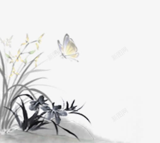 中国风山水画元素png免抠素材_新图网 https://ixintu.com 中国风 山水画 草丛 蝴蝶