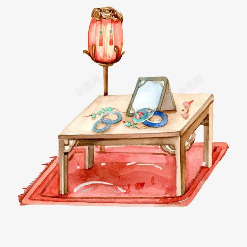 古风桌椅手绘画片png免抠素材_新图网 https://ixintu.com 坠子 水彩画 灯笼 红色