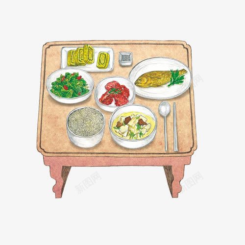 韩国家庭饭桌手绘画片psd免抠素材_新图网 https://ixintu.com 姜汤 手绘美食 米饭 韩国美食 饭桌 黄花鱼