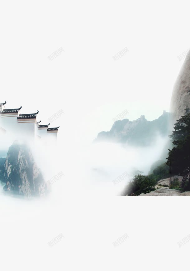 水墨画山水psd免抠素材_新图网 https://ixintu.com 中国风 传统房檐 山水 水墨画