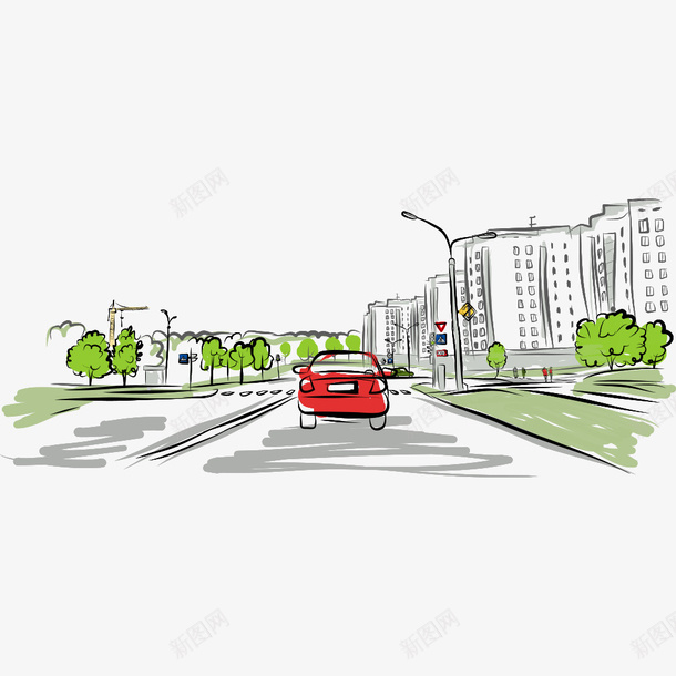 手绘绿化中的街道矢量图ai免抠素材_新图网 https://ixintu.com 交通灯 手绘 手绘街 林荫道 水彩路灯 矢量图 红色 线条 绿化 绿树 绿色 街道 路灯 车子