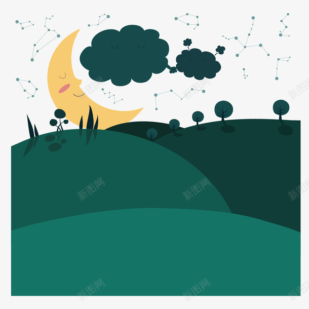 森林夜晚的手绘png免抠素材_新图网 https://ixintu.com 云朵 动物 卡通插画 可爱 夜晚 月亮 森林 蓝绿色 蓝色