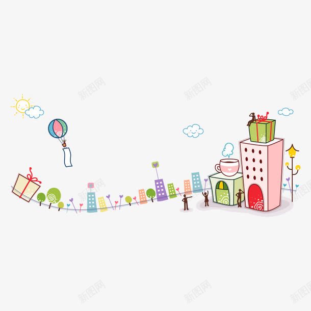 卡通场景png免抠素材_新图网 https://ixintu.com 人物 卡通元素 卡通场景 卡通背景 家园 热气球