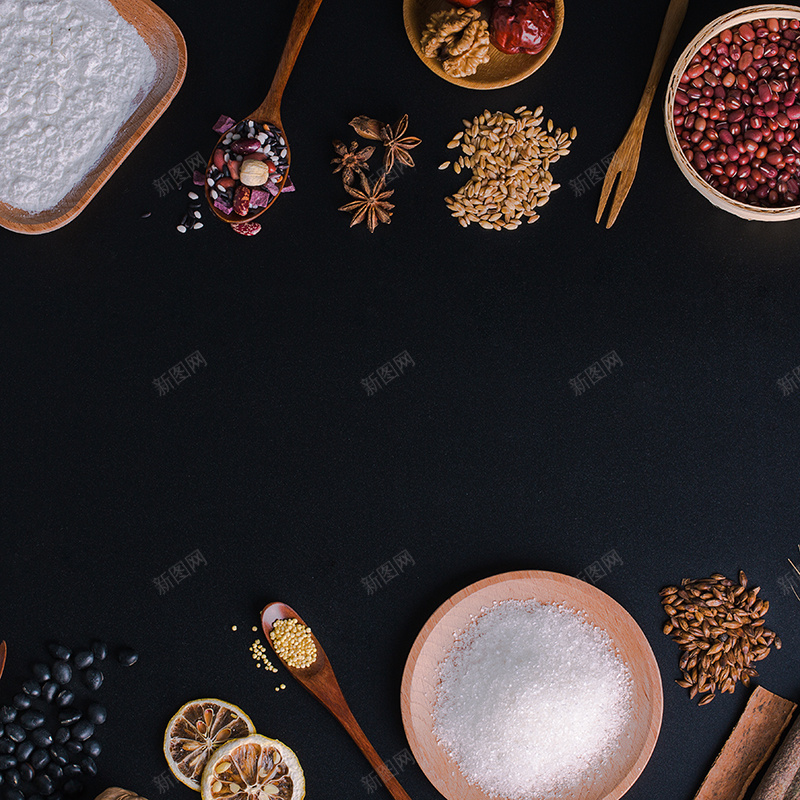 桌上调料背景jpg设计背景_新图网 https://ixintu.com 主图 桌面 纹理 调料 质感 食品 黑底