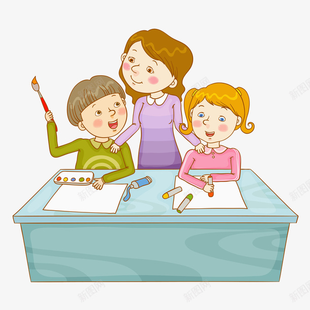 画画课堂png免抠素材_新图网 https://ixintu.com 卡通 学生 手绘 毛笔 画画 画笔 老师 课堂礼仪 课桌