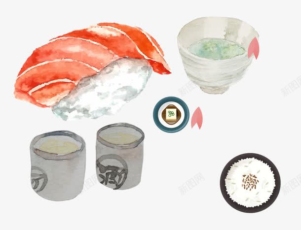 手绘日式美食png免抠素材_新图网 https://ixintu.com 三文鱼 日本料理 美食 茶