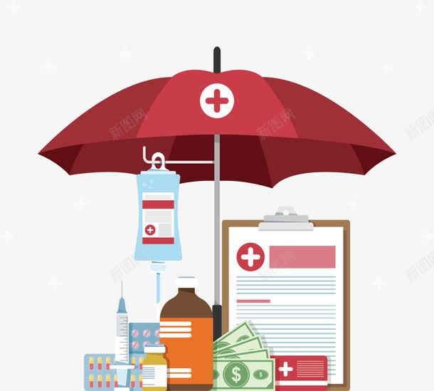 红色雨伞下的医疗用品png免抠素材_新图网 https://ixintu.com 保险单 健康保险 医疗保险 吊瓶 矢量png 红色雨伞 药品