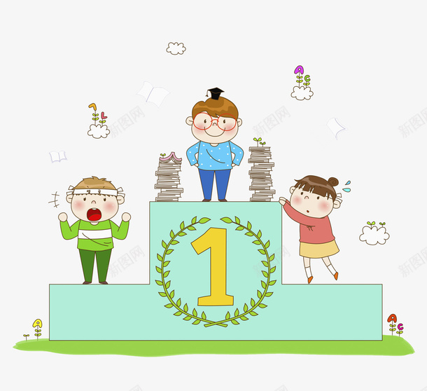 领奖场景png免抠素材_新图网 https://ixintu.com 云朵 卡通 手绘 根茎 眼镜框 第一名 花朵 蓝色领奖台 领奖站台