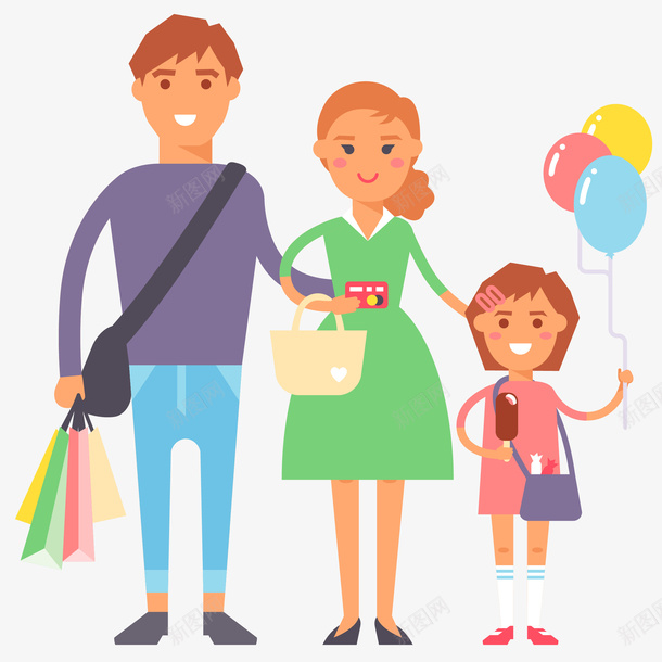 全家购物插画矢量图ai免抠素材_新图网 https://ixintu.com 买买买 儿童 免抠PNG 全家购物矢量插画 双十一 商场购物 家庭 气球 父母 爸爸妈妈和我 电商 矢量图 购物