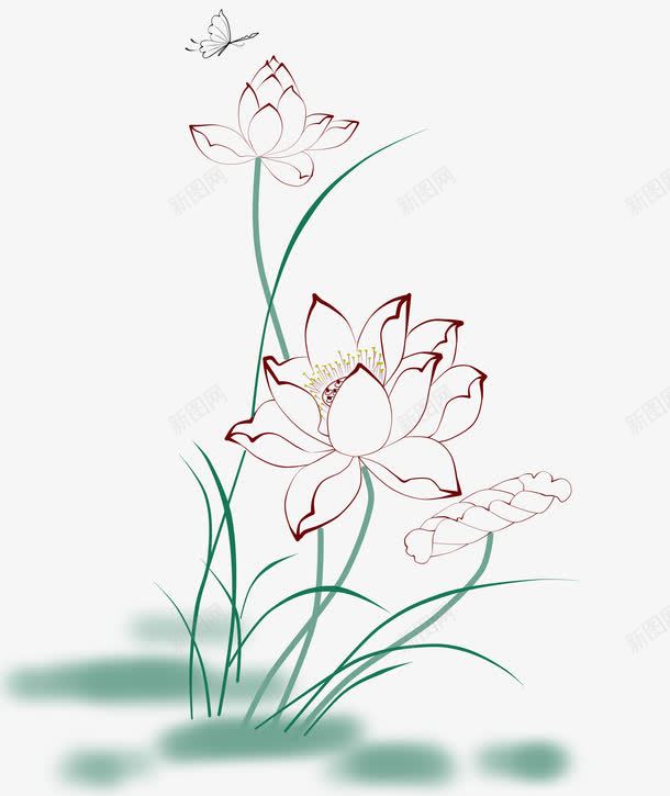 荷花png免抠素材_新图网 https://ixintu.com 国画 工笔 玻璃画 白描 白描蝴蝶荷花 白描蝴蝶荷花素材下载 花鸟 荷花 蝴蝶