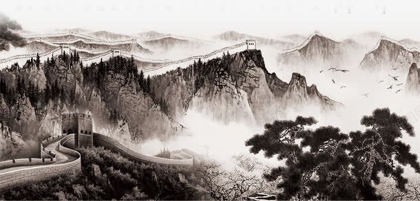 长城水墨风景png免抠素材_新图网 https://ixintu.com 山水 树木 水墨 长城 黑白长城
