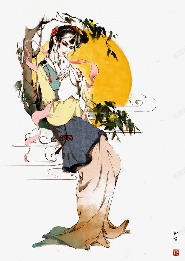 嫦娥与玉兔精美插画png免抠素材_新图网 https://ixintu.com 动漫嫦娥 嫦娥 嫦娥后羿 插画 月圆 桂花树 玉兔 祥云 精美 美术