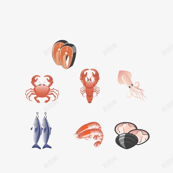卡通手绘小海鲜png免抠素材_新图网 https://ixintu.com 墨鱼 大虾 小鱼 新鲜食材 水彩海鲜 海鲜品种 生鲜手绘 螃蟹