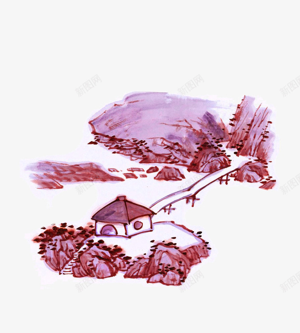 山水风景图案png免抠素材_新图网 https://ixintu.com 亭子 卡通 图案 大山 手绘 棕色 长桥 风景