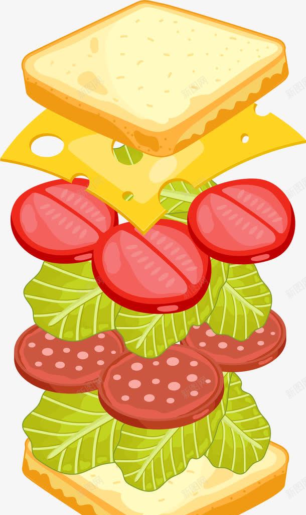 卡通三明治美食png免抠素材_新图网 https://ixintu.com 乳酪 免抠PNG 吐司 火腿三明治 番茄片 蔬菜 面包片 食物