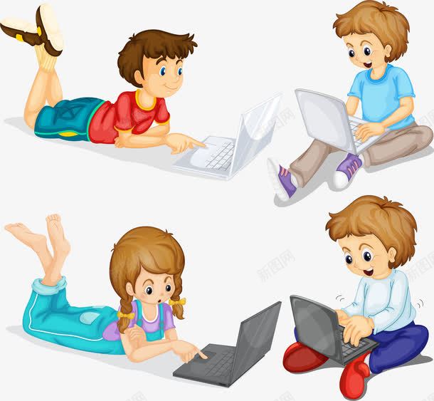 手绘玩电脑的孩子png免抠素材_新图网 https://ixintu.com 上网 办公 办公用品 备考 学习 学生 学生文具 学生用具 小朋友 工具 手绘 教育 文具 玩电脑 笔记本 笔记本电脑 考试 课本