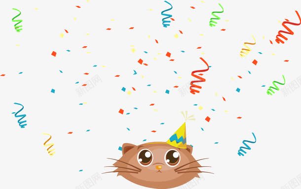 可爱猫咪生日矢量图ai免抠素材_新图网 https://ixintu.com 丝带 卡通 可爱 庆祝 彩色 彩色丝带 彩色纸屑 散纸 猫 猫咪 猫头 生日 纸屑 飘纸 矢量图