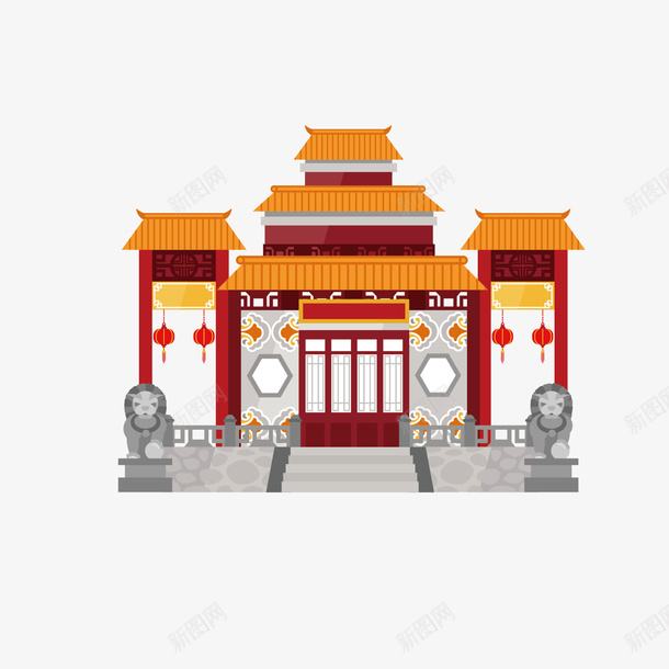 黄色高级大门手绘矢量图ai免抠素材_新图网 https://ixintu.com 个性 创意 手绘矢量 气派 瓦片 石狮子 简约插图 高级 黄色 矢量图