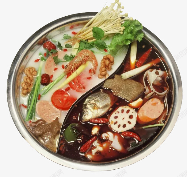 风味麻辣火锅png免抠素材_新图网 https://ixintu.com 中餐 川菜 火锅 美味 锅底 饮食文化 香菇肉片 鸳鸯锅