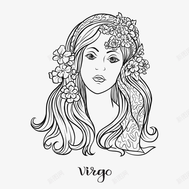 处女座的手绘png免抠素材_新图网 https://ixintu.com 十二星座 唯美 女孩 手绘 线性 花儿 花朵 英文 长发 黑色