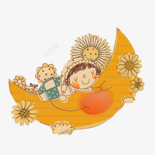 卡通手绘月亮船png免抠素材_新图网 https://ixintu.com 卡通手绘 卡通月亮船 女孩 月亮船 气球 童真 花朵 黄色