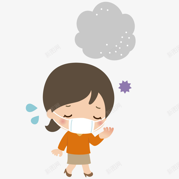 可爱戴口罩女孩手绘png免抠素材_新图网 https://ixintu.com 个性 卡通 可爱女孩 手绘 汗滴 流汗 病菌 空气污染