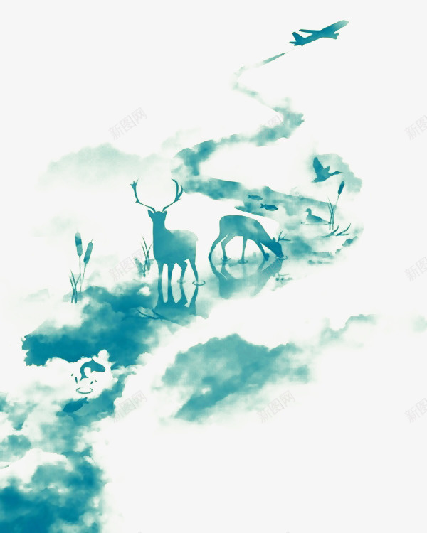 水彩墨画psd免抠素材_新图网 https://ixintu.com 水彩墨画 飞机 鹿
