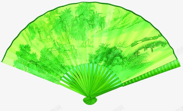 绿色山水图案扇子png免抠素材_新图网 https://ixintu.com 图案 山水 扇子 绿色