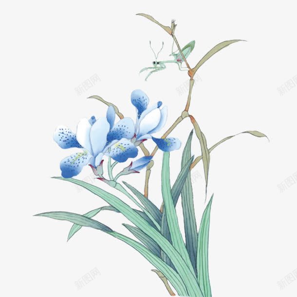 水彩古风蓝花绿叶png免抠素材_新图网 https://ixintu.com 古风 水彩 绿叶 蓝花