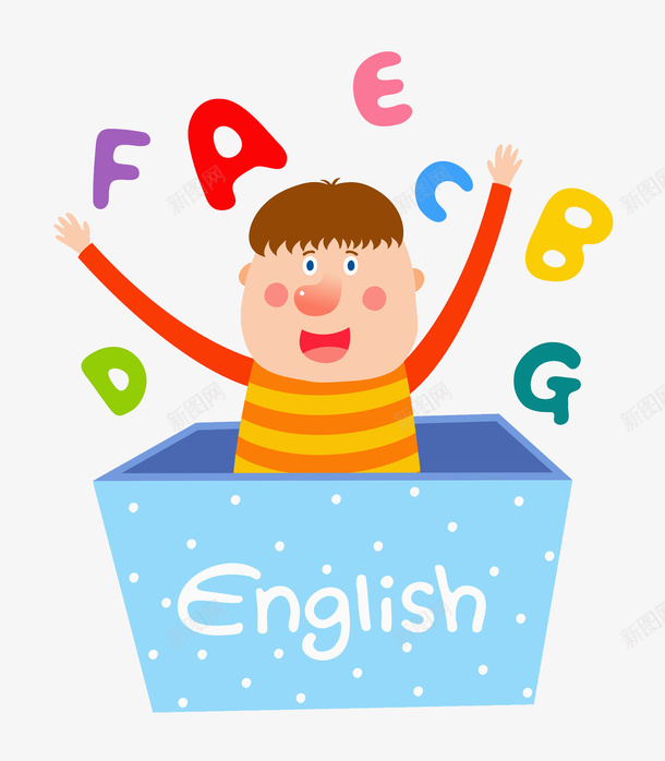 学习英语png免抠素材_新图网 https://ixintu.com 可爱 学英文 手绘 斑点 欢呼 男孩 看图识字卡,看图识字 艺术字 英文字母 蓝色盒子