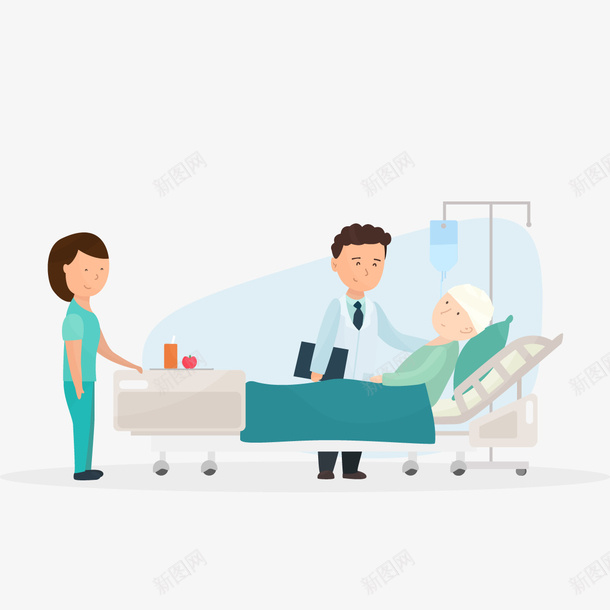 卡通医患人物交流png免抠素材_新图网 https://ixintu.com 动画 卡通人物 卡通病人 手绘 挂吊针 疗养 病房 输液