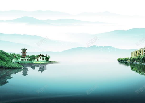 地产清山绿水psd免抠素材_新图网 https://ixintu.com 商业元素 地产清山绿水 城市建筑 大山 房子 湖水 湖畔 飞鸟
