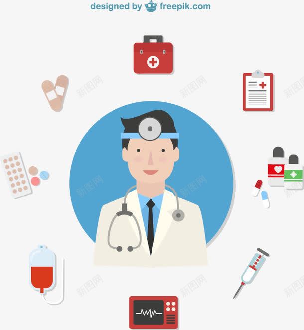 卡通医生与医疗用品矢量图图标ai_新图网 https://ixintu.com 注射器创可贴病例簿药急救箱心电图仪医生医疗图标输血急救箱听诊器矢量图 矢量图
