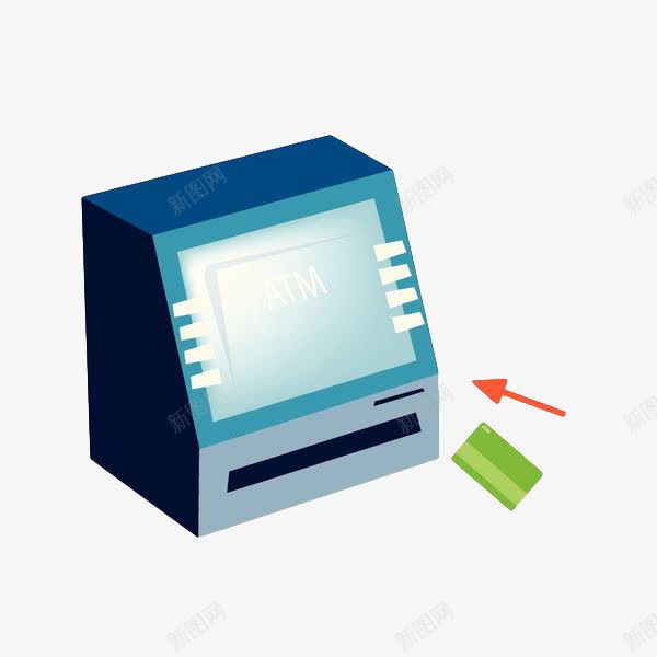 手绘蓝色自助取款机png免抠素材_新图网 https://ixintu.com ATM自助取款机 出票 出票口 卡通手绘 取票 取钱 箭头 蓝色 银行卡