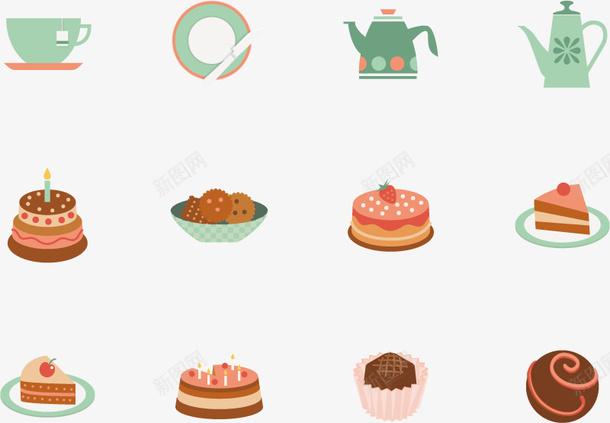 美食图标矢量图ai_新图网 https://ixintu.com 创意图标 图标集合 茶壶 茶杯 蛋糕 矢量图