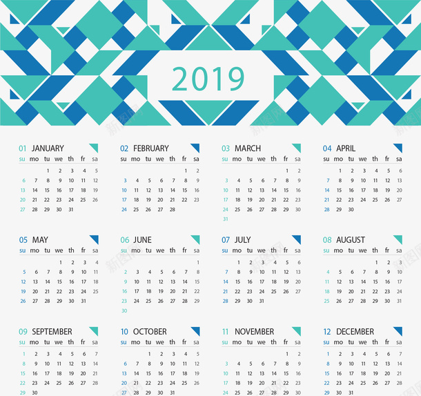 蓝绿三角花纹日历矢量图ai免抠素材_新图网 https://ixintu.com 2019日历 几何花纹 日历 矢量png 蓝绿色 矢量图