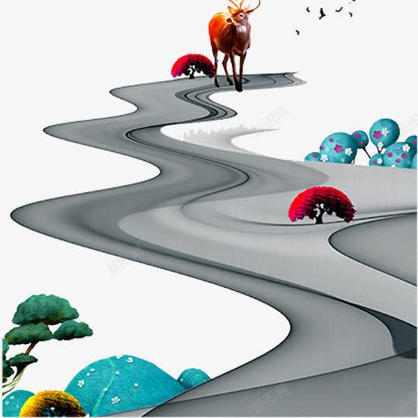 水墨小路png免抠素材_新图网 https://ixintu.com 创意 卡通 唯美意境 小路 手绘 抽象 树枝 水墨 水彩 麋鹿