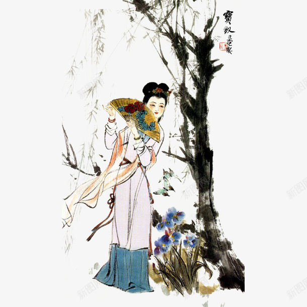 手绘水墨中国风红楼梦金陵十二钗png免抠素材_新图网 https://ixintu.com 中国风 古风 宝钗扑蝶 手绘 手绘水墨中国风红楼梦金陵十二钗宝钗扑蝶插画免抠免费下载 插画 柳树 水墨 水彩 红楼梦 美女 金陵十二钗