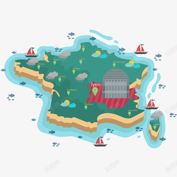 手绘欧美地图法国地理矢量图ai免抠素材_新图网 https://ixintu.com France 地图 地理 小鱼 帆船 手绘 欧美地图 法国 矢量图