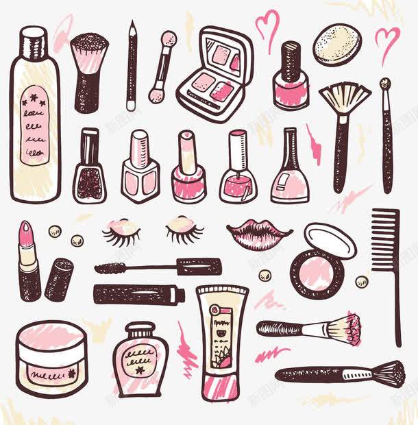 手绘女性化妆品png免抠素材_新图网 https://ixintu.com 刷子 化妆 化妆品 口红 眉笔 眼影 眼线笔