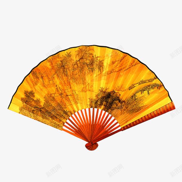 扇子psd免抠素材_新图网 https://ixintu.com 山水扇面 扇叶扇柄山水画