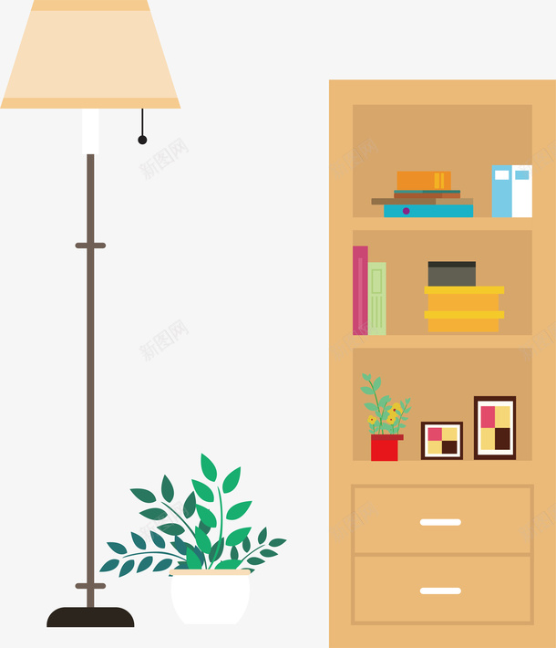 家居生活卡通插画png免抠素材_新图网 https://ixintu.com 书橱 卡通插画 台灯 家具 植物 绿色